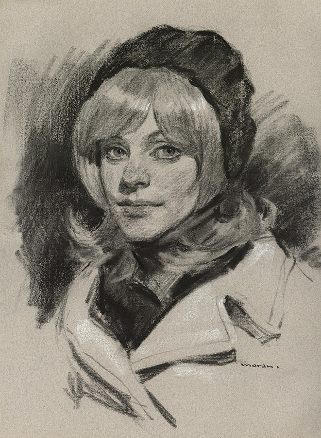 Portrait Drawing - Girl in winter coat by Charles Vernon Moran