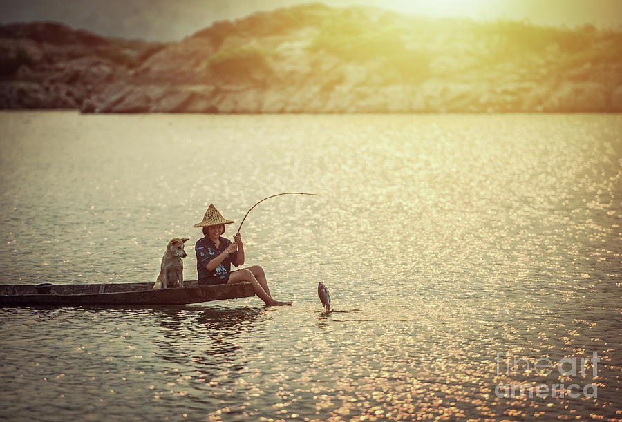 Boys Fishing At The River By Sasin Tipchai