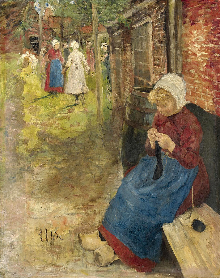 Girl Knitting Painting by Fritz von Uhde