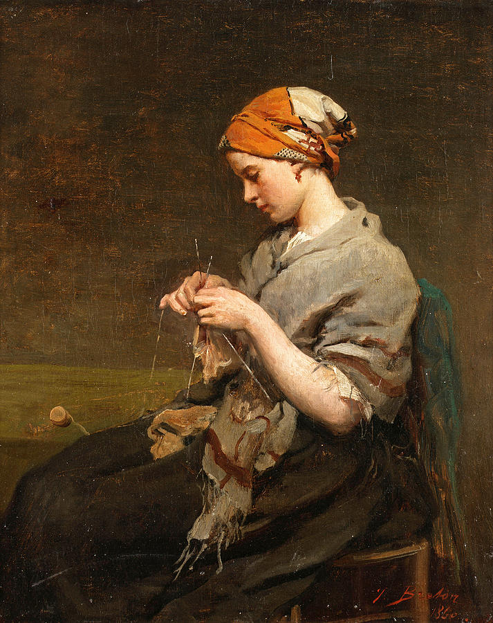 Girl knitting Painting by Jules Breton