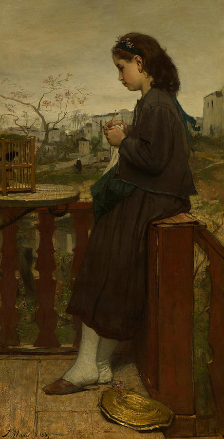 Girl Knitting on a Balcony, Montmartre Painting by Jacob Maris
