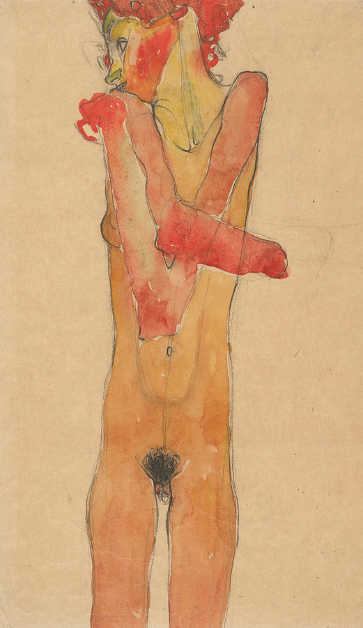 Girl Nude with Folded Arms Drawing by Egon Schiele