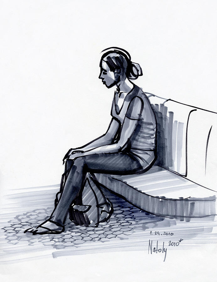 Marker Drawing - Girl On A Metro Station by Natoly Art