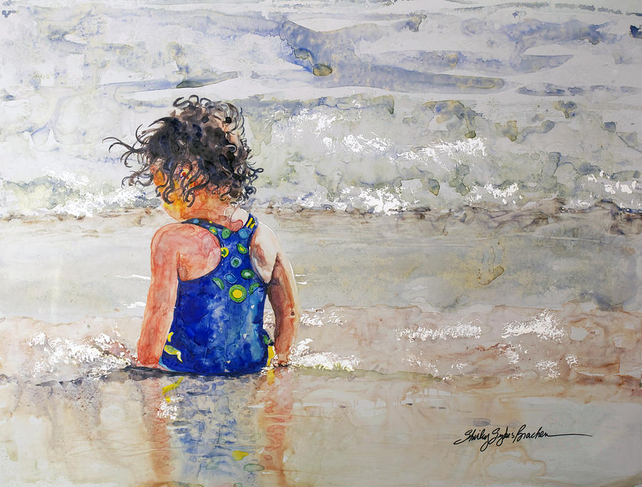 Girl on the Beach with Black Curls Painting by Shirley Sykes Bracken