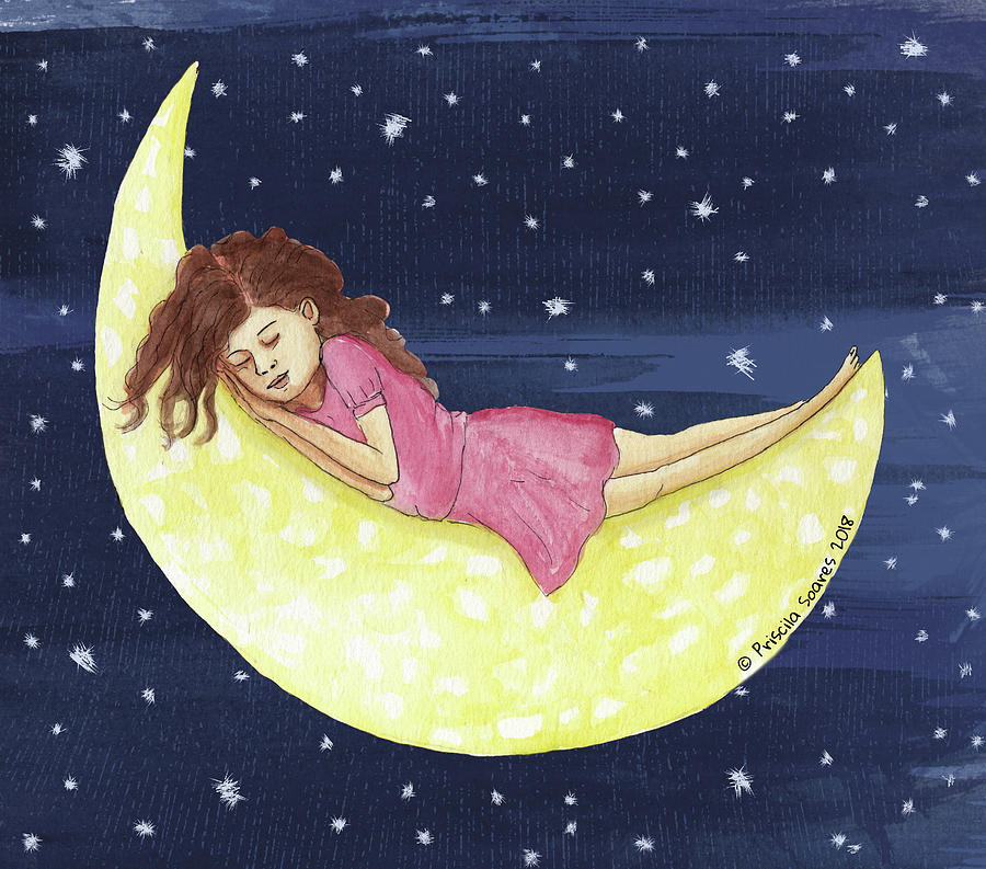 Moon Painting - Girl on the Moon by Priscila Soares