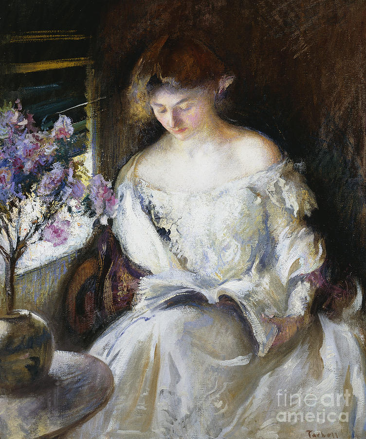 Flower Painting - Girl Reading by Edmund Charles Tarbell