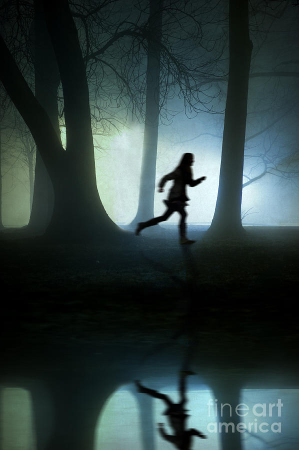 Girl Running At Night In Fog Photograph by Lee Avison