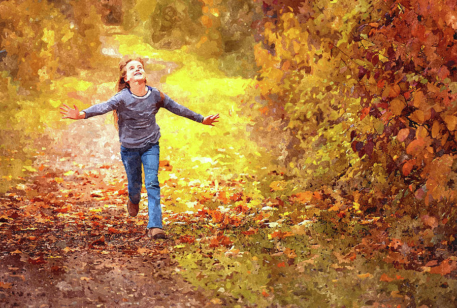 Girl Running in the Autumn Leaves Painting by Movie Poster Prints