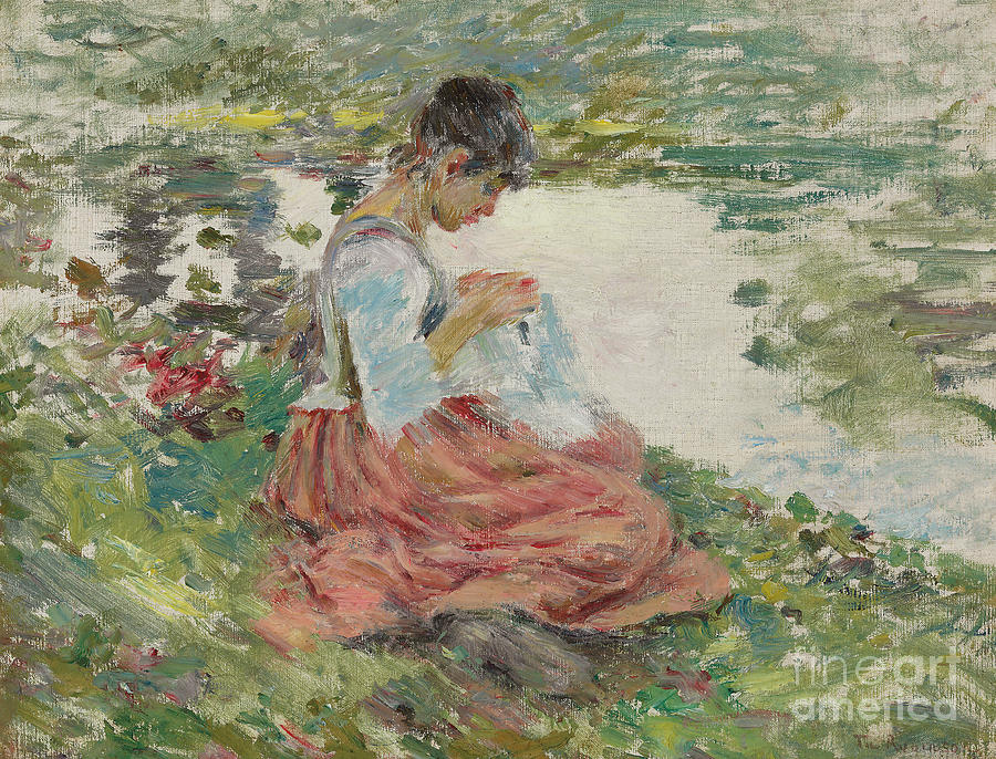 Girl Sewing by River Painting by Theodore Robinson
