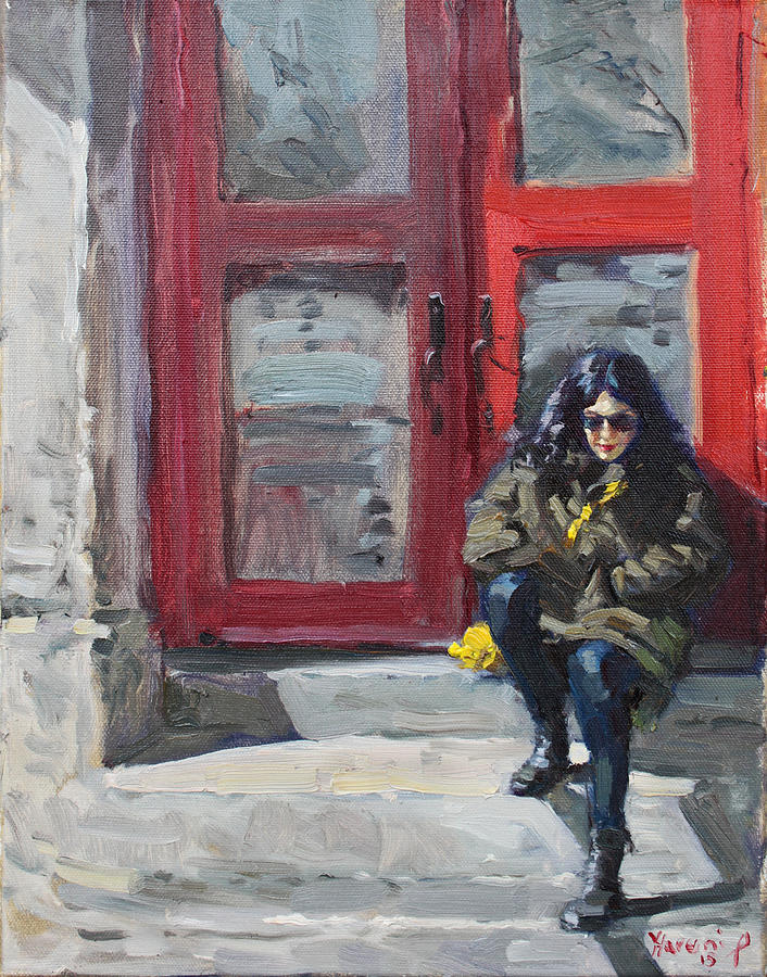Girl Sitting at Red Doorstep Painting by Ylli Haruni