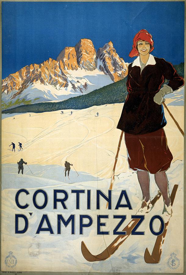 Girl Skiing on the Alps in Cortina dAmpezzo - Vintage Travel Poster Painting by Studio Grafiikka