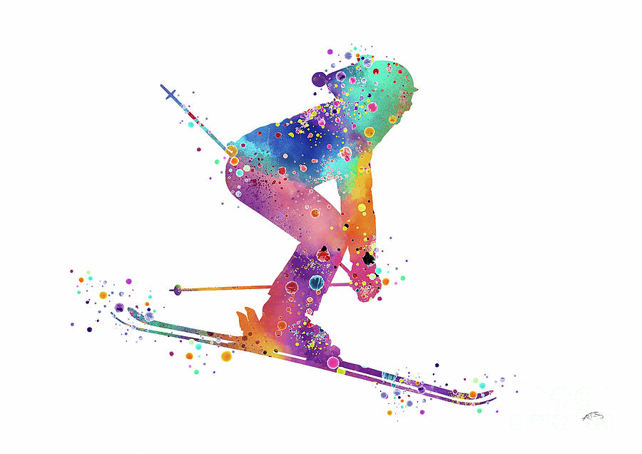 Wall Hanging Digital Art - Girl Skiing Watercolor print Ski art Skiing Poster Ski Print Ski poster Kids Room Sports Poster by White Lotus