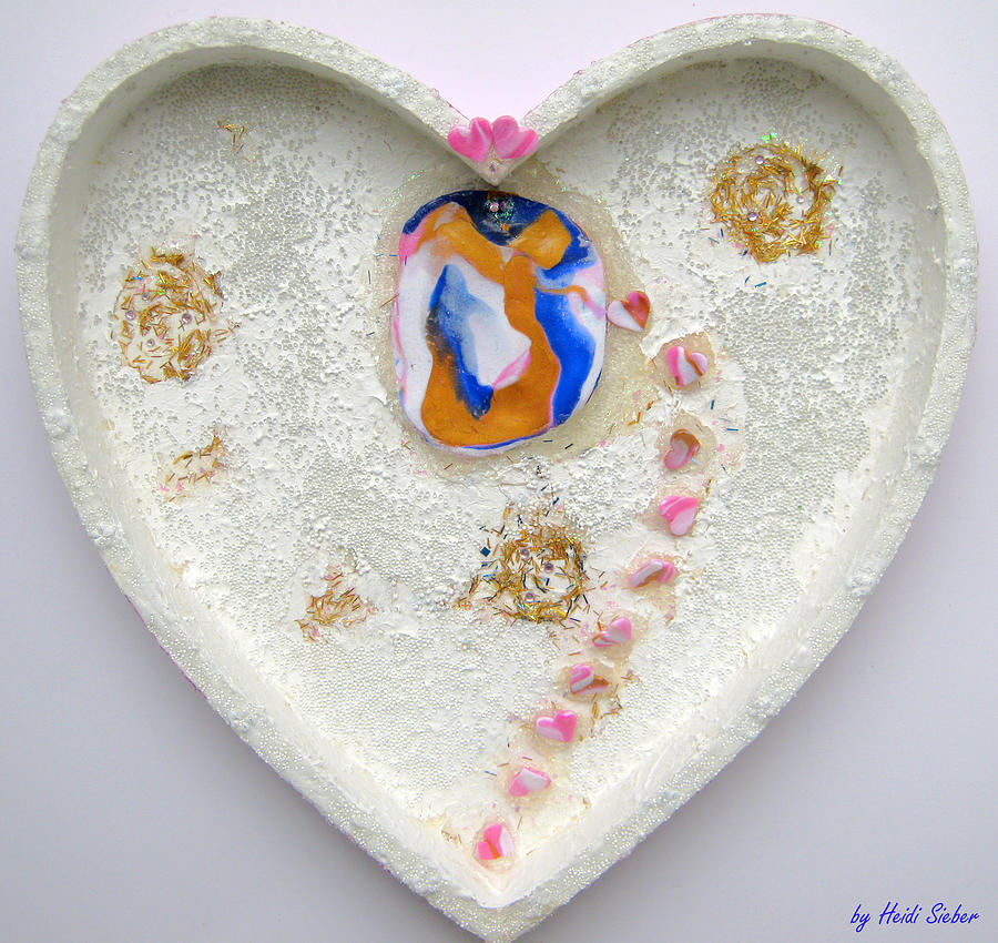 Girl spreading hearts whole artwork Relief by Heidi Sieber