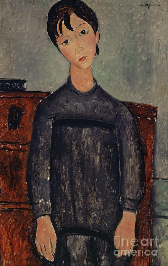 Girl Standing in a Black Pinafore, 1918  Painting by Amedeo Modigliani