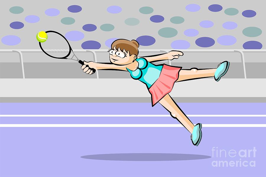 Girl Tennis Player Flies To Reach The Tennis Ball With Her Racke 