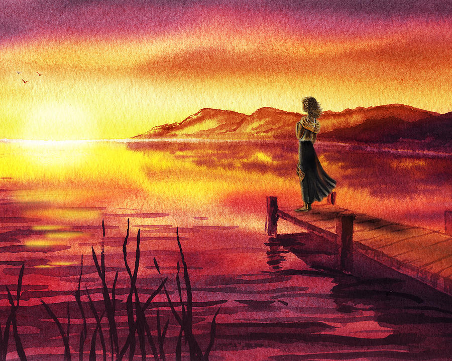 Girl Watching Sunset At The Lake Painting by Irina Sztukowski