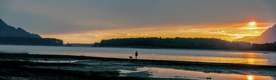 Girl with a dog - smokey sunset - Fraser River BC Photograph by David Lee