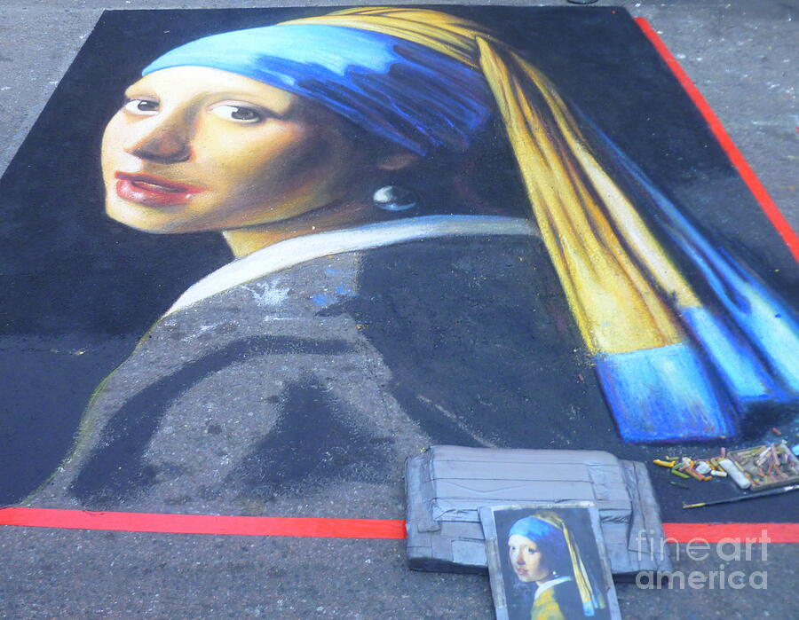 Vintage Photograph - Girl with A Pearl Earring - Chalk artwork by Lingfai Leung