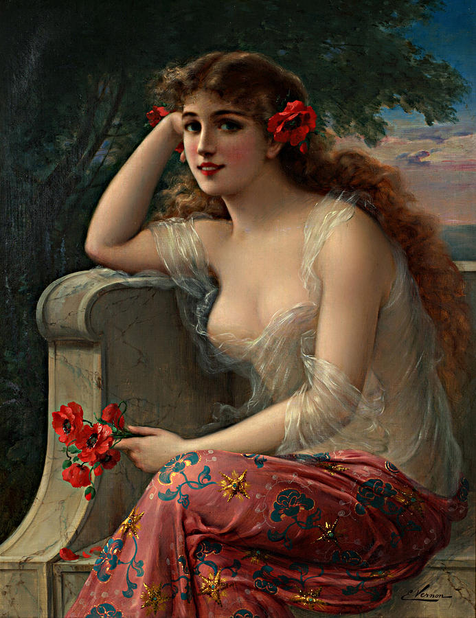 Emile Vernon Painting - Girl with a poppy by Emile Vernon