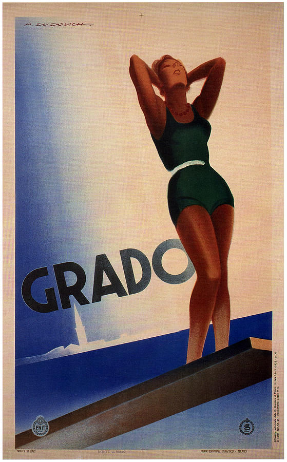 Girl With A Tan In Dark Green Swimsuit Beside The Sea In Grado Italy - Vintage Travel Poster Painting