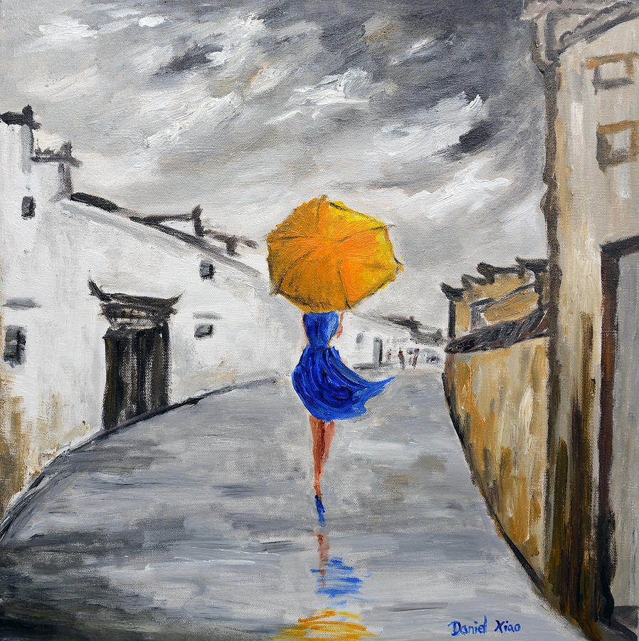 Girl With A Yellow Umbrella Painting By Daniel Xiao