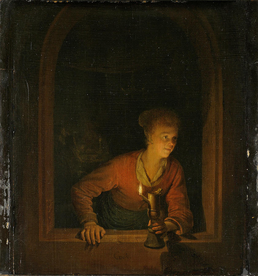 Famous Paintings Painting - Girl with an Oil Lamp at a Window by Gerrit Dou