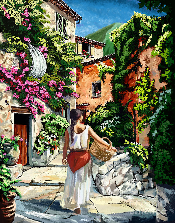Girl With Basket On A Greek Island Painting by Tim Gilliland