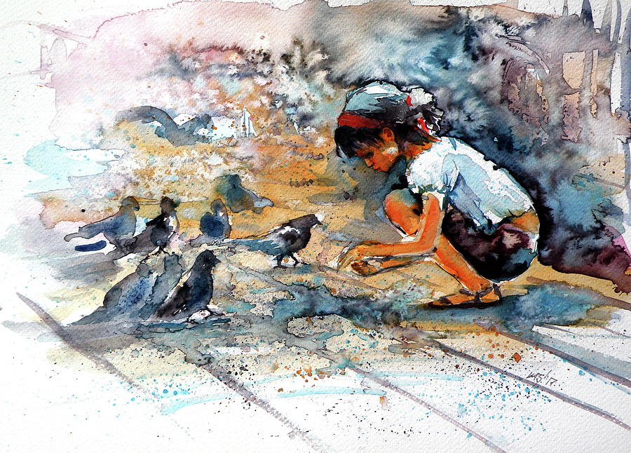 Girl with birds Painting by Kovacs Anna Brigitta
