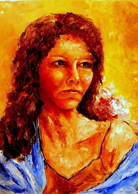 Woman Painting - Girl With Blue Shawl by Shuly Haimsohn Weiner