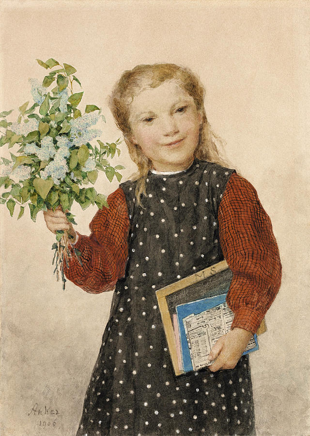Girl with Bouquet Drawing by Albert Anker