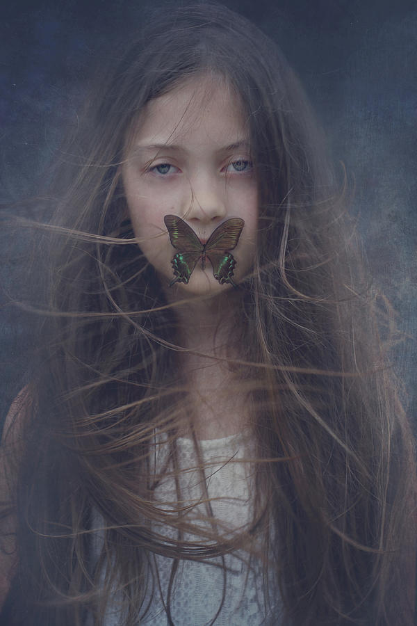 Girl With Butterfly Over Lips Photograph by Stephanie Frey