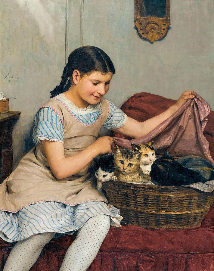 Girl with cats Painting by Albert Anker