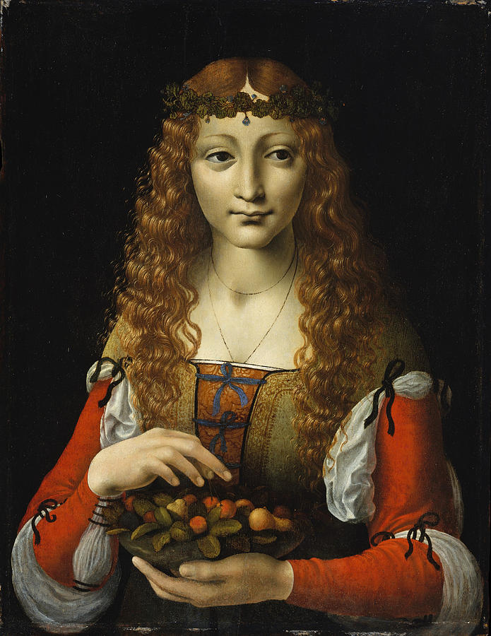 Girl with Cherries  Painting by Attributed to Giovanni Ambrogio de Predis