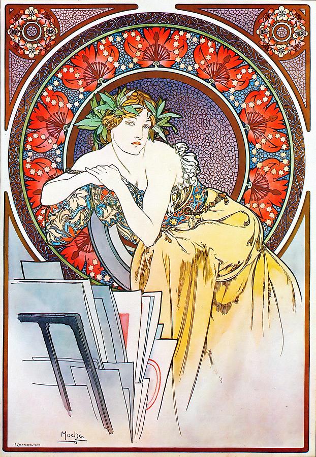 Girl With Easel Painting by Alphonse Mucha
