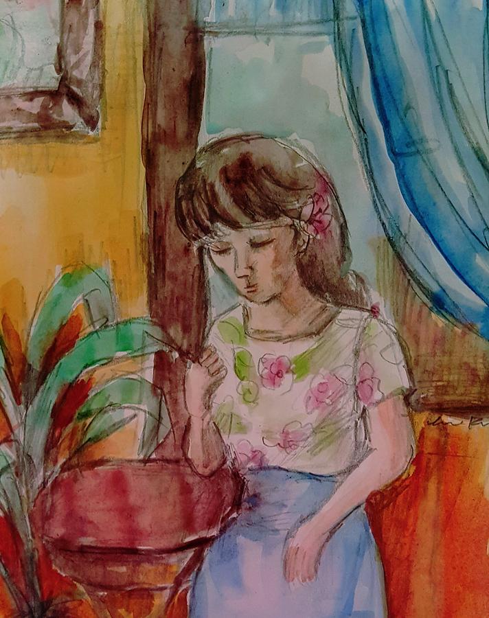 Girl with flower wc Painting by Hae Kim