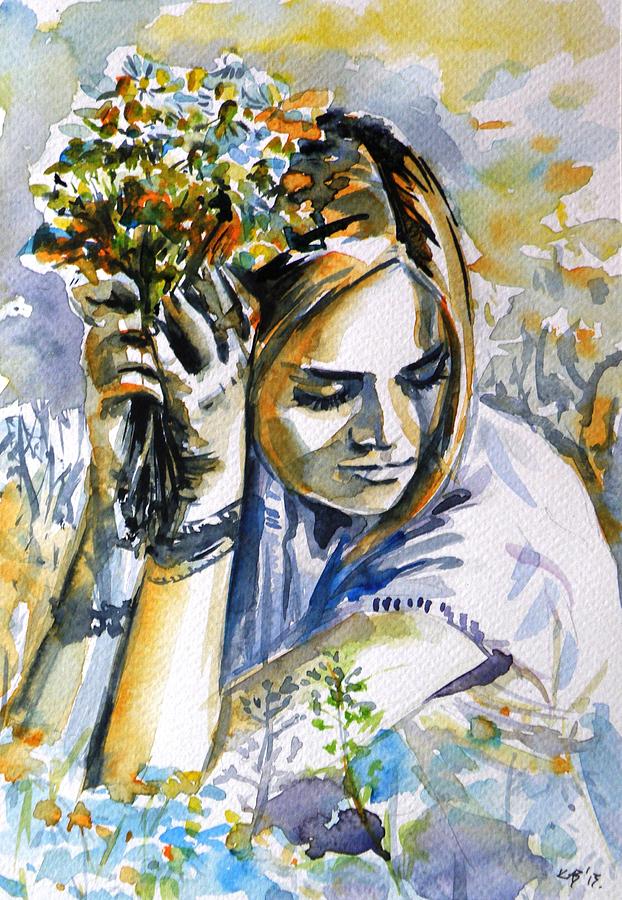 Girl with flowers Painting by Kovacs Anna Brigitta