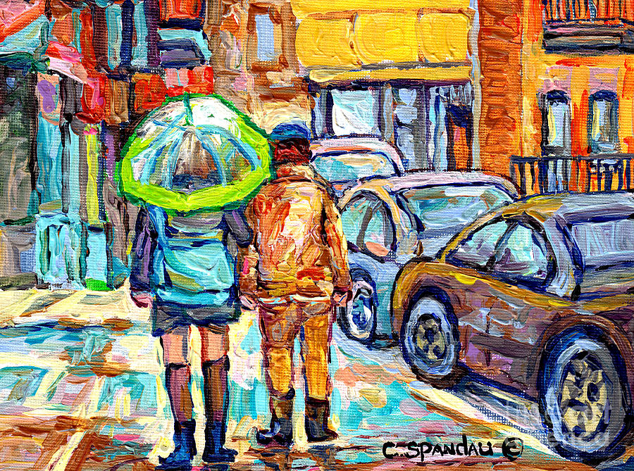 Girl With Green Umbrella Rainy Day Rue Wellington Walking Verdun Streets Canadian Art C Spandau  Painting by Carole Spandau