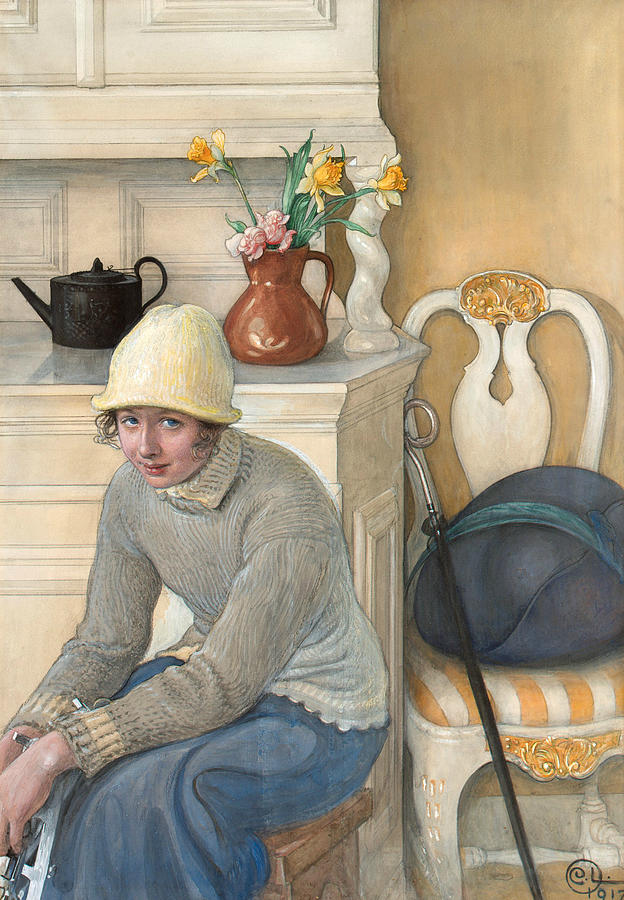 Girl with ice skates, interior from the school household, Falun Painting by Carl Larsson