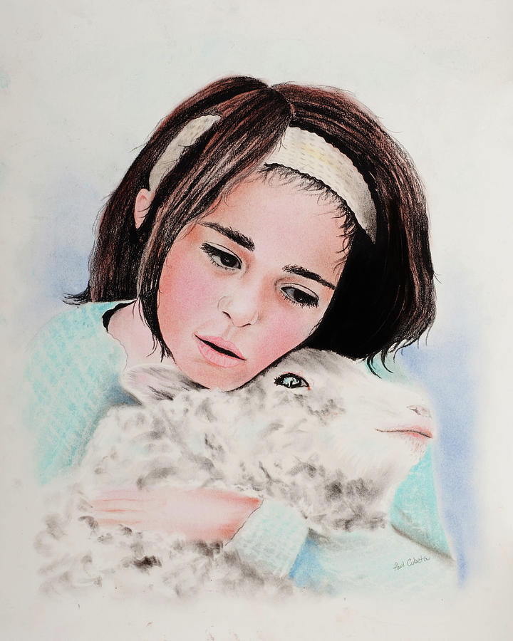 Sheep Pastel - Girl with Lamb by Paul Cubeta