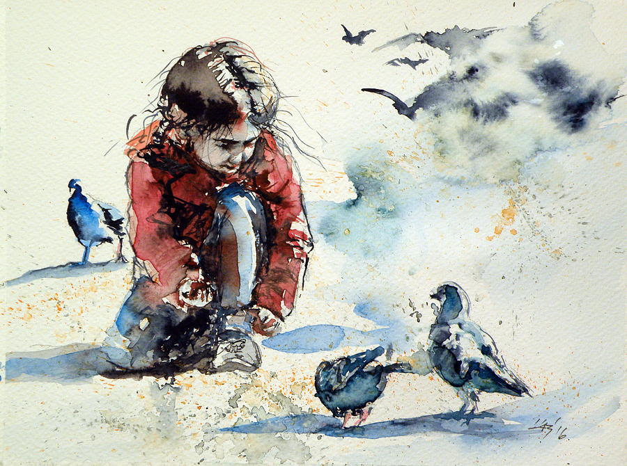 Girl with pigeons Painting by Kovacs Anna Brigitta