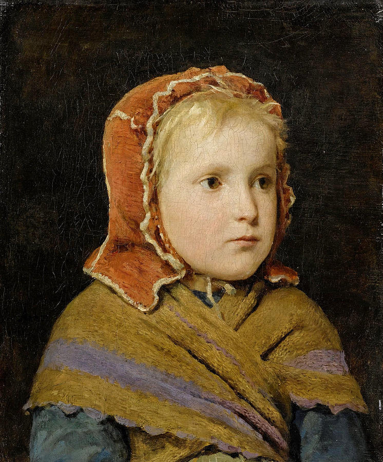 Girl with red hood Painting by Albert Anker