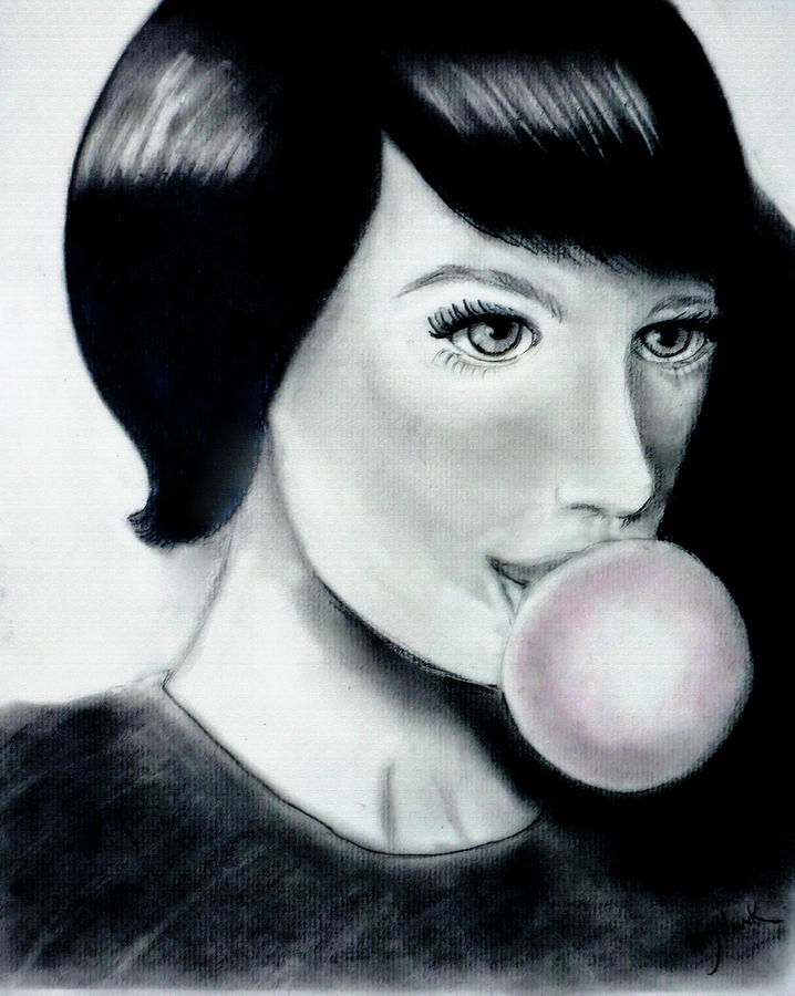 Girl with the Bubble Gum Drawing by Katy Hawk
