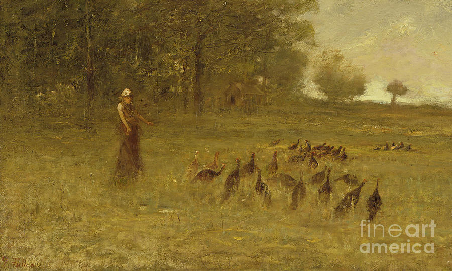 Turkey Painting - Girl with Turkeys by George Fuller