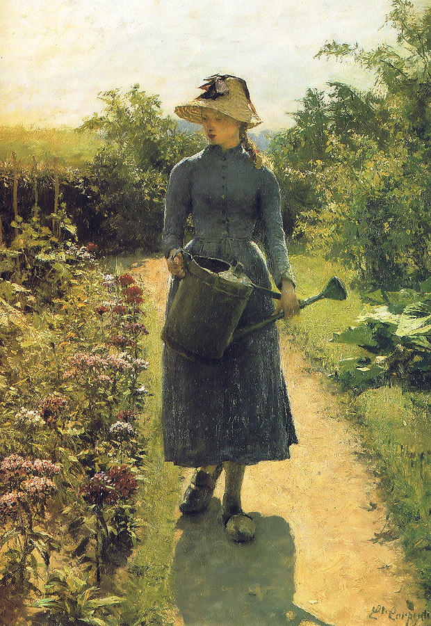 Girl with Watering Can Painting by Evariste Carpentier