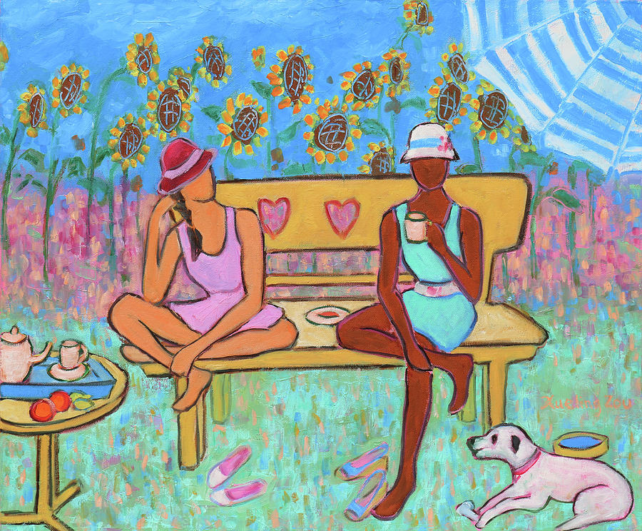 Girlfriends Teatime III Painting by Xueling Zou