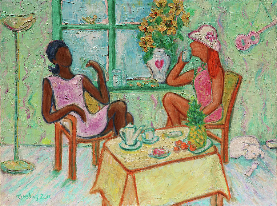 Girlfriends Teatime V Painting by Xueling Zou