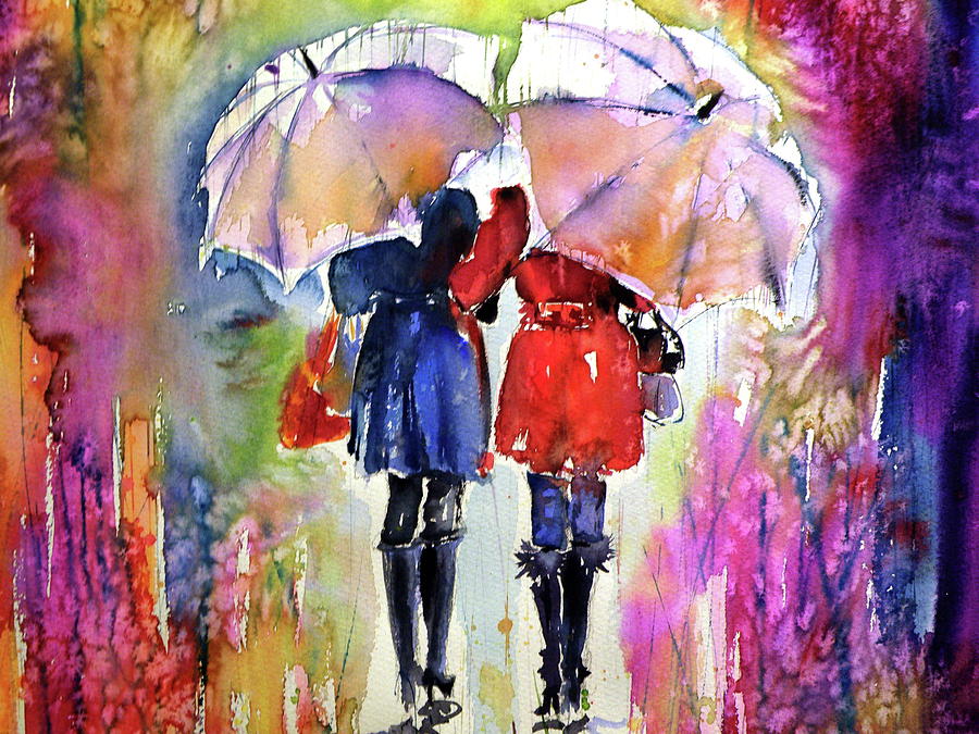 Girlfriends under umbrella cd Painting by Kovacs Anna Brigitta