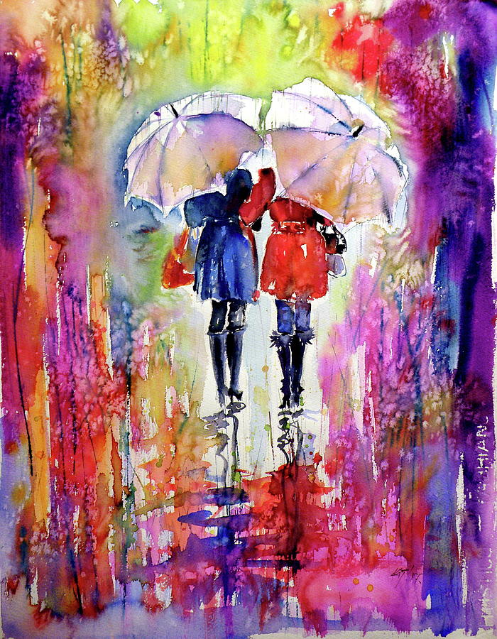 Girlfriends under umbrella Painting by Kovacs Anna Brigitta