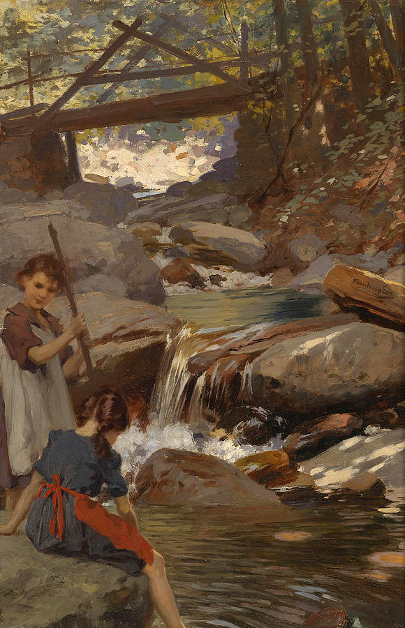 Girls by a Mountain Stream Painting by Ede Komlosy