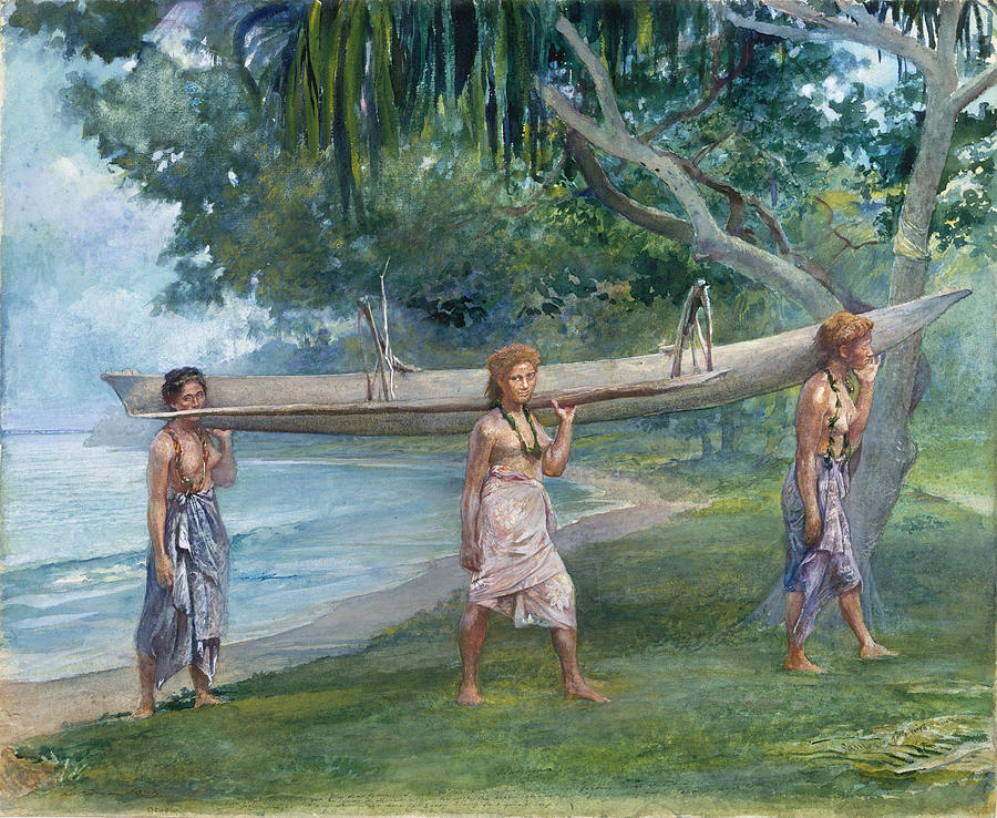 Girls Carrying a Canoe. Vaiala in Samoa Painting by John LaFarge